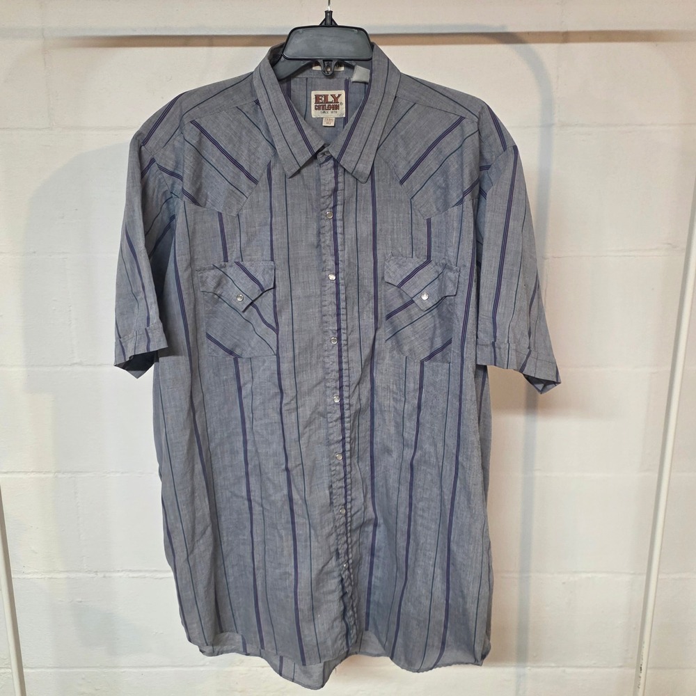 Vintage Ely Cattleman 2X Big Man Western Pearl Snap Grey Stripe Short Sleeve